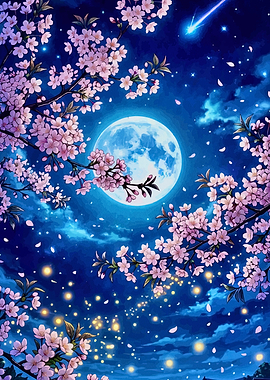 Cherry Blossoms Under a Full Moon