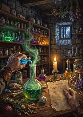 Alchemist's laboratory with bubbling potions