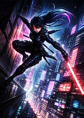 Cyberpunk Ninja with Red Lightsaber