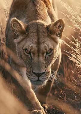 Lioness stalking through tall grass