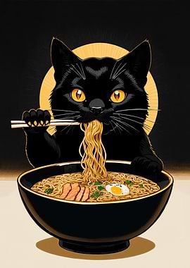 Black Cat Eating Ramen