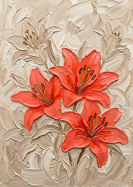 Textured Coral Lily Painting