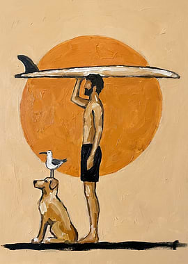 Surfer with Dog and Seagull at Sunset