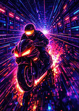 Cyberpunk Motorcycle Rider in Neon Tunnel