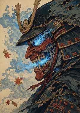 Blue Fire Ghost Samurai Oni - Vintage Japanese Ukiyo-e
