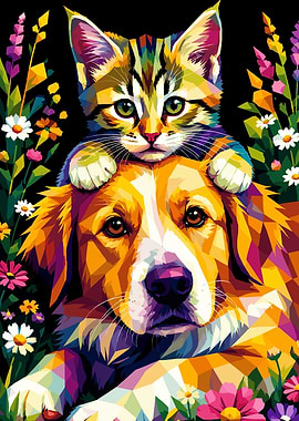 Kitten on Dog's Head with Flowers