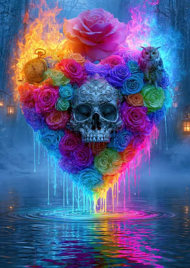 Heart of Roses with Skull and Owl
