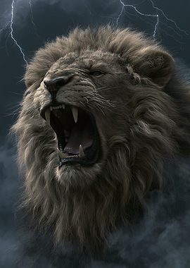 Roaring Lion in Thunderstorm