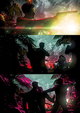 Action scene with guns and explosions