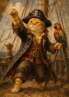 Pirate Cat with Parrot on Ship