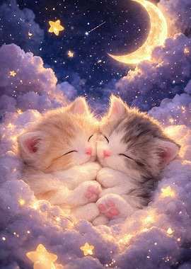 Two Kittens Sleeping on Clouds Under the Moon