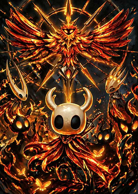 Hollow Knight Characters in Fiery Scene