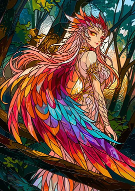 Stained Glass Phoenix Woman in Forest