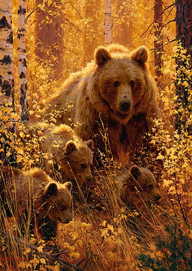Mother Bear and Cubs in Autumn Forest