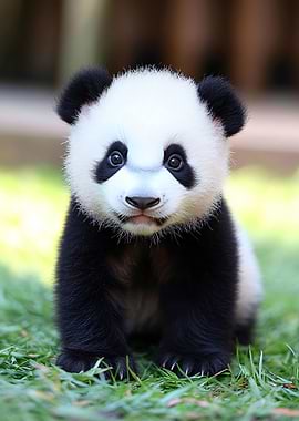 Adorable Panda Cub Sitting on Grass