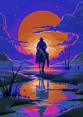 Cowboy Riding Horse at Sunset