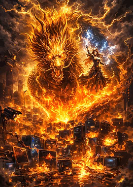 Dragon vs. Warrior in Fiery Cityscape