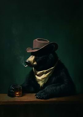 Bear in Cowboy Hat with Whiskey