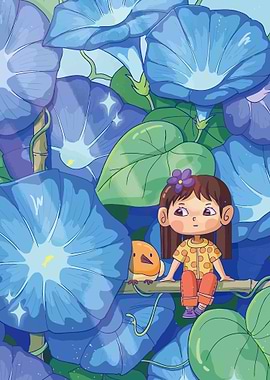 Girl and Bird Among Morning Glories