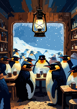 Penguins in a Cozy Bar