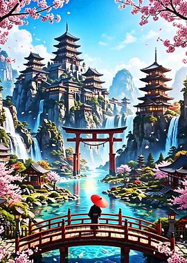 Serene Japanese Landscape with Pagodas