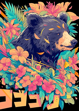 Bear surrounded by tropical flowers