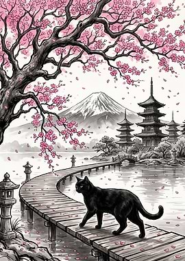 Black Cat on a Cherry Blossom Bridge