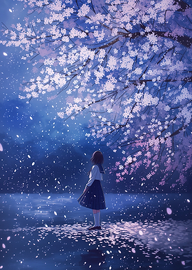 Girl Under Cherry Blossoms at Night