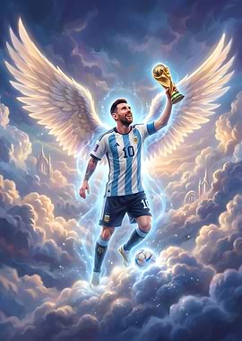 Lionel Messi with World Cup Trophy and angel wings