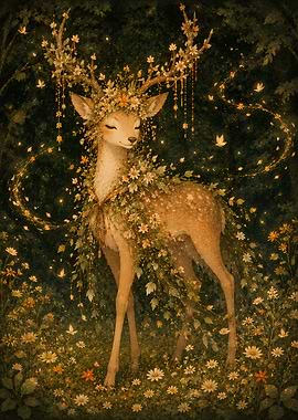 Enchanted Deer with Flowers and Fireflies