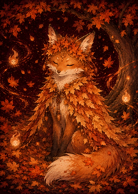 Autumn Fox Spirit with Fireflies