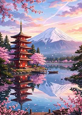Pagoda and Mount Fuji at Sunset