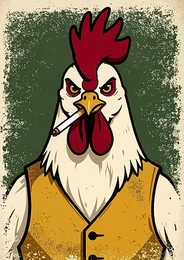 Rooster wearing a vest and smoking