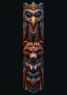 Carved Totem Pole with Animal Faces