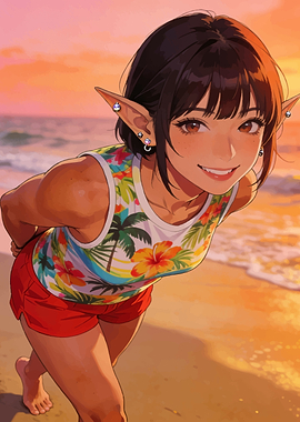 Anime Elf Girl on Beach at Sunset