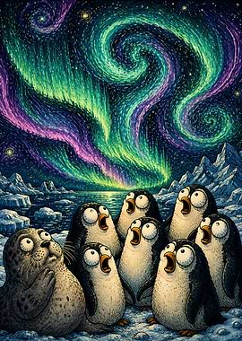 Penguins and Seal Amazed by Aurora Borealis