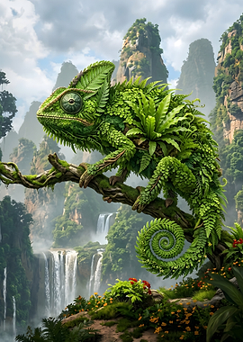 Chameleon made of leaves on a branch