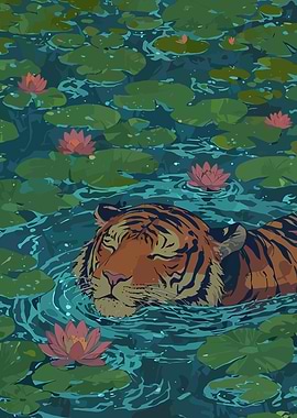 Tiger Resting in Water Lilies