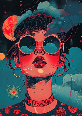 Woman in Sunglasses with Cosmic Background