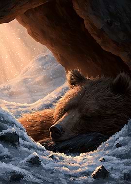 Bear hibernating in a snowy cave