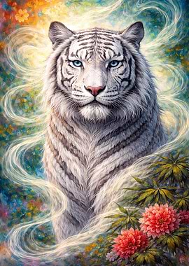 White Tiger with Blue Eyes and Flowers