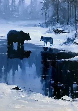 Bear and Wolf in Snowy Landscape