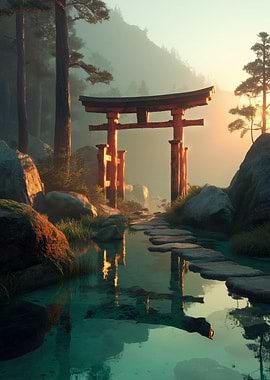 Torii Gate Misty Forest Japanese Zen Nature Art