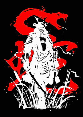 Samurai Warrior with Red Snake and Swords