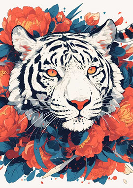 White Tiger Surrounded by Flowers