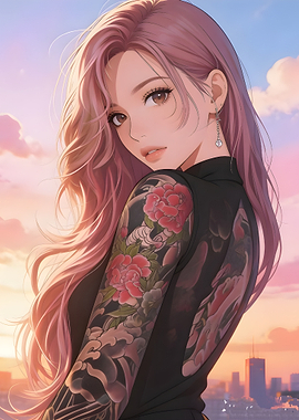 Anime girl with pink hair and tattoos