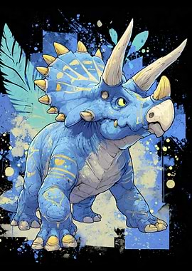 Blue Triceratops Dinosaur Art