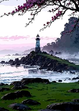 Lighthouse on a rocky island with cherry blossoms