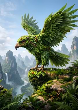 Eagle made of ferns perched on a cliff