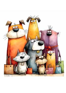 Cartoon Animals with Shopping Bags